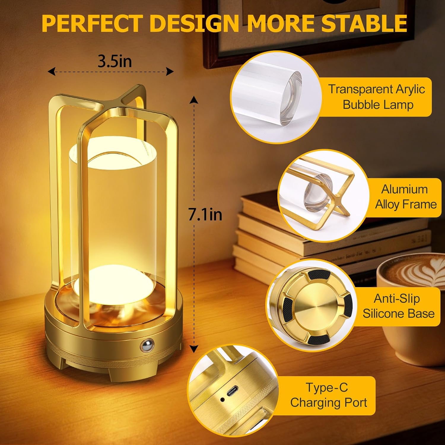 OCATO Portable Table Lamp with 7 RGB: Rechargeable Desk Lamp 3 Color Stepless Dimming Wireless Metal Battery Operated Cordless LED Lamps for Indoor Outdoor Bedroom Restaurant Coffee Shop Camping Gold