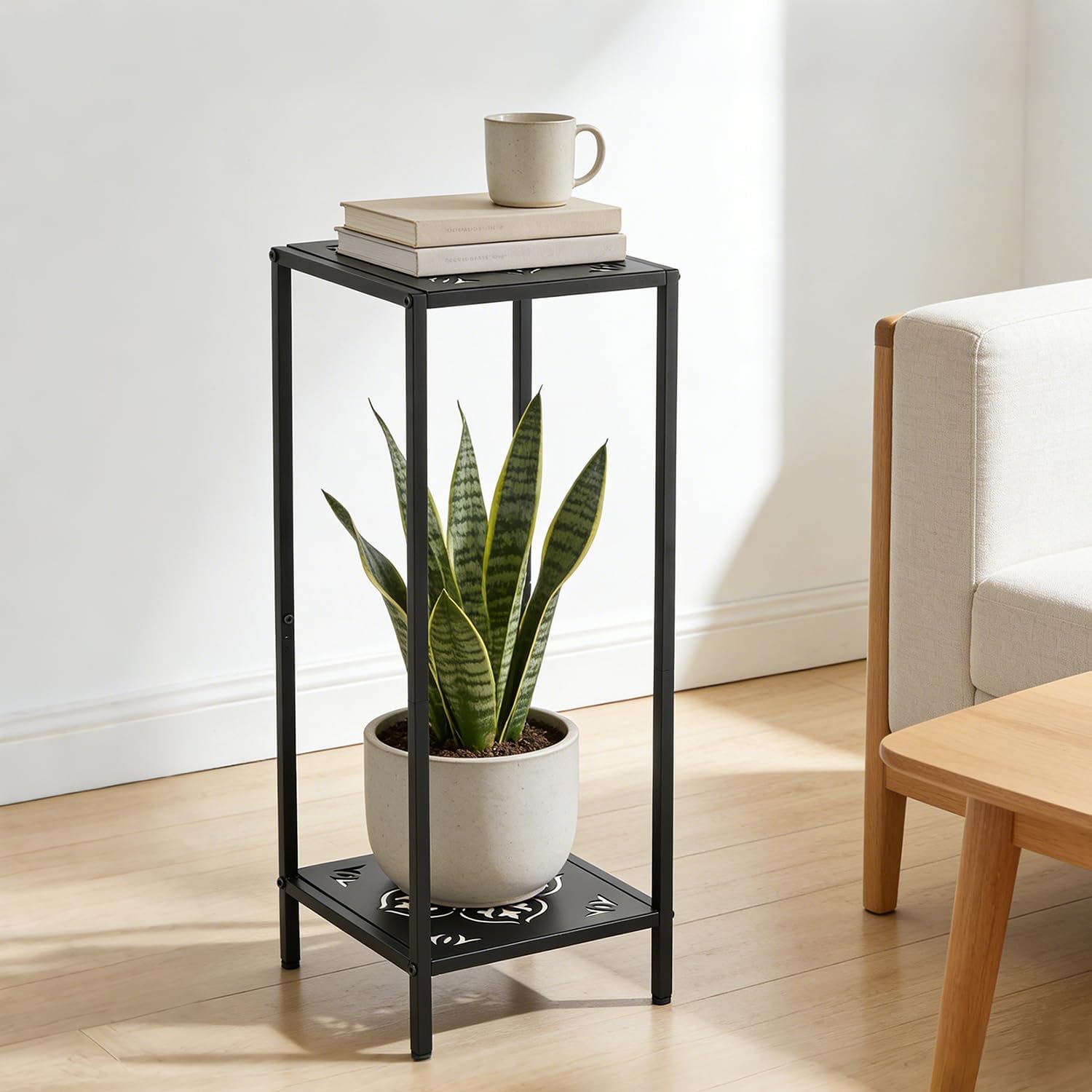Party Zealot 2-Tier Tall Metal Square Plant Stand 31" Heavy-Duty Modern Flower Pot Rack for Indoor Living Room, Corner Side Table for Outdoor Patio, Garden, and Balcony Black, Vintage scroll