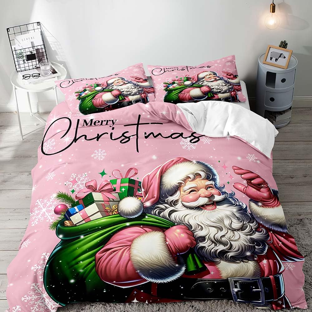 LUVIVIHOME 3PCS Pink Santa Claus Duvet Cover Queen, Christmas Bedding Sets, Pink Duvet Cover, Kids Girls Bedding, Snowflake Holiday Xmas Gifts Christmas Comforter Bedspread Quilt Cover, 2 Pillow Shams