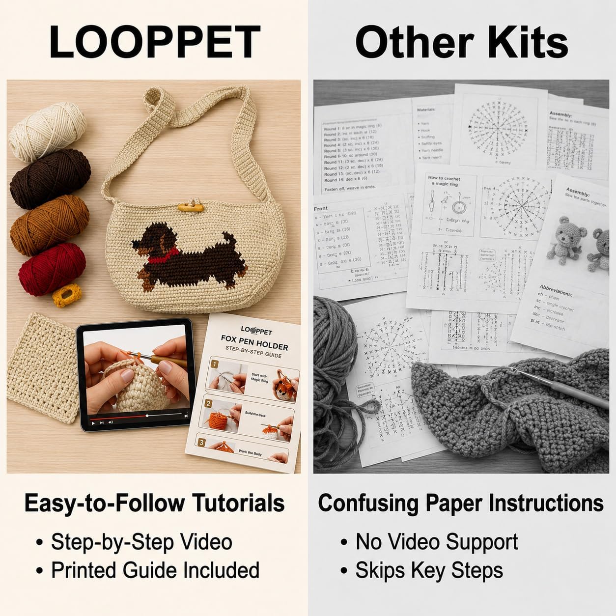 LOOPPET Crochet Kit for Beginners, DIY Pixel Art Dachshund Shoulder Bag