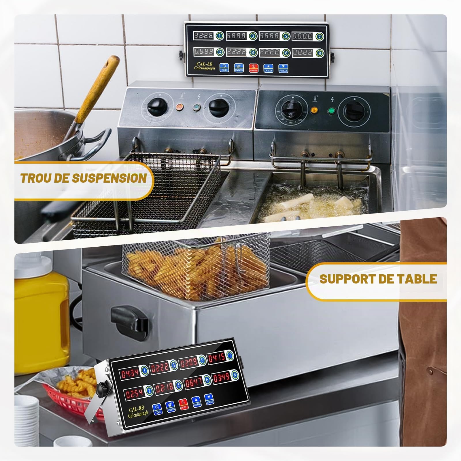 Temporizador de cuisine commercial à 8 canaux, minuteur de cuisine numérique, rappel de friteuse, cuisson, salle à manger, avec sonnerie de volume réglable, acier inoxydable pour restaurant, maison