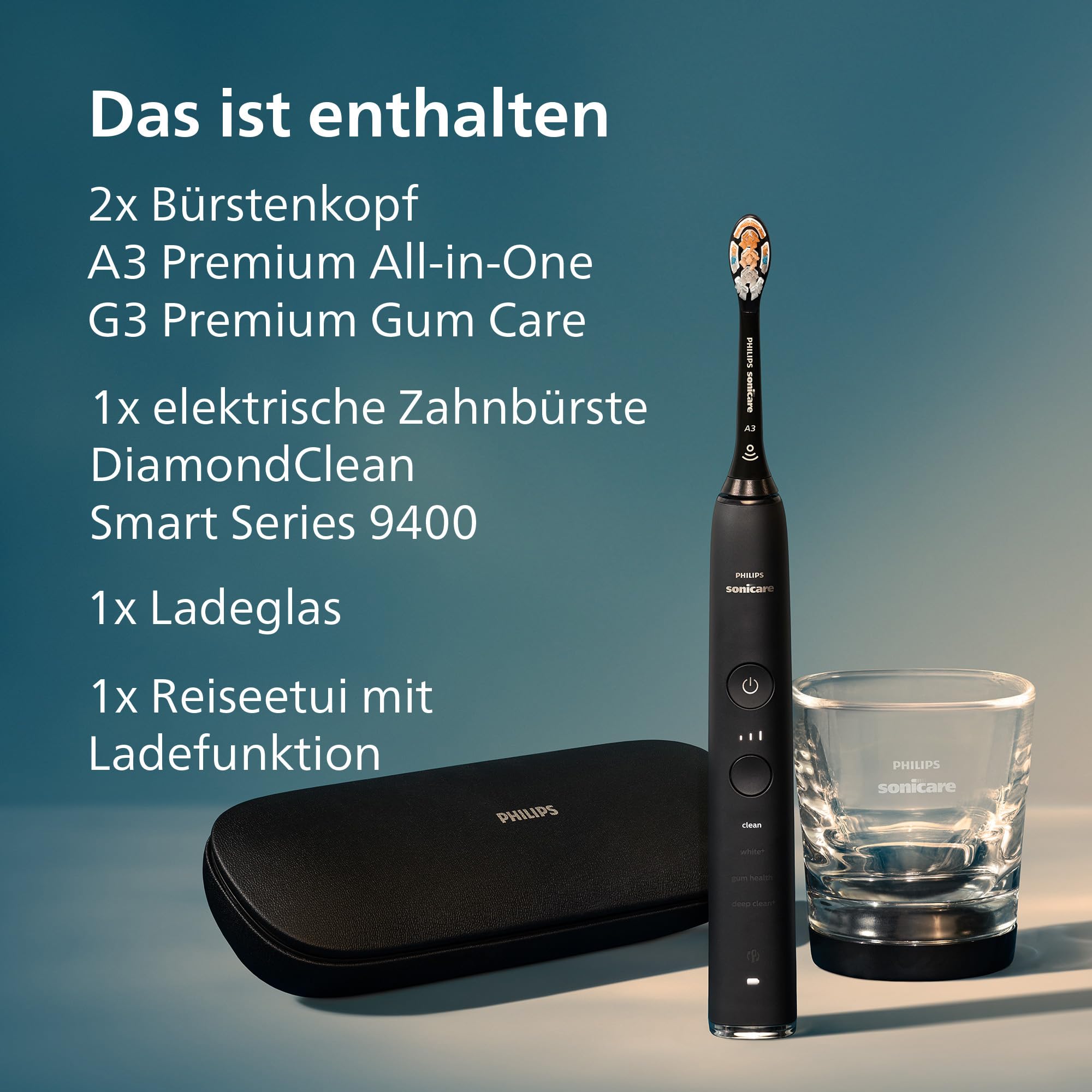 Philips Sonicare DiamondClean Smart 9400 elektrische Zahnbürste, Schallzahnbürste mit App, Drucksensor, Bürstenkopferkennung, 4 Putzmodi und 3 Intensitätsstufen, Schwarz, Modell HX9917/89