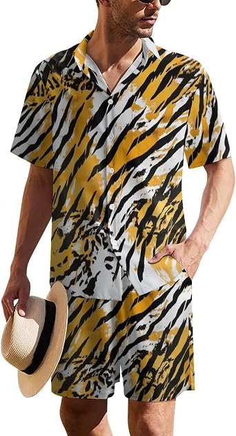 Mens Casual Shirt & Shorts Set,Funny Crazy Hawaii Outfit,Lightweight Button Up Shirts with Matching Swim Trunks