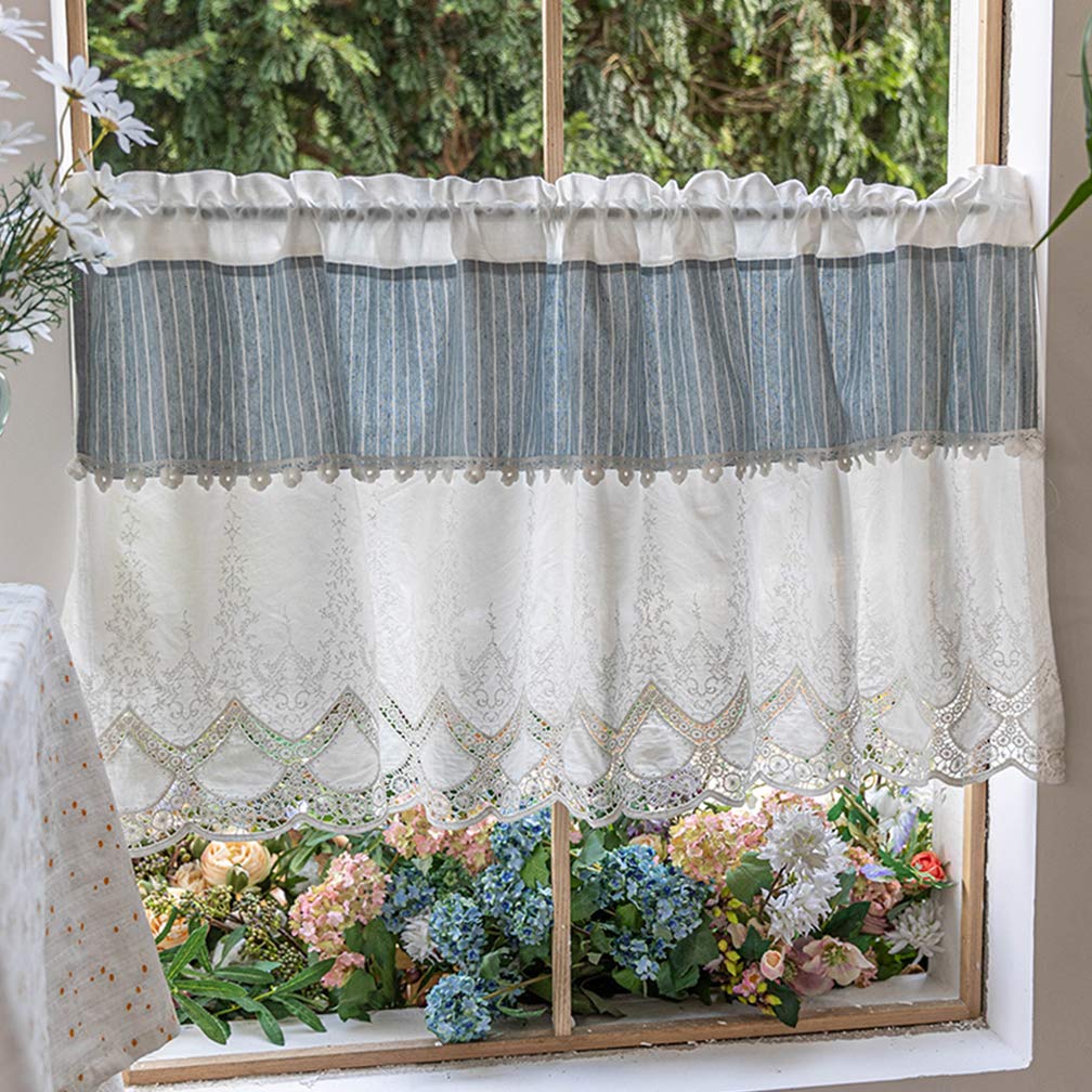 Cortina de café estilo rústico hecha a mano con bordado blanco y rayas azules para cocina
