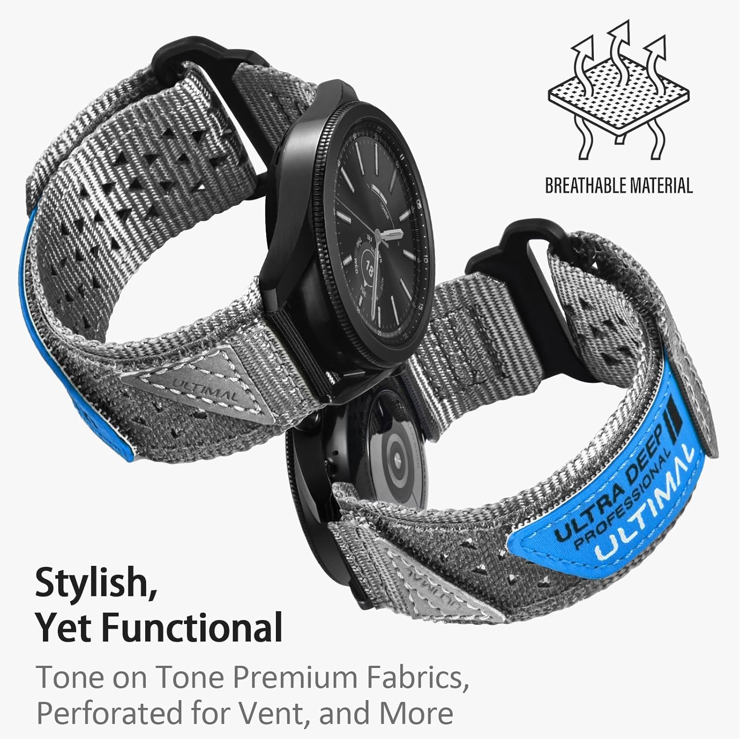 ULTIMAL Band Compatible with Samsung Galaxy Watch 3 45mm/Galaxy Watch 46mm/Gear S3 Frontier/Classic, 22mm Nylon Sports Strap for Men Women(Grey,L)