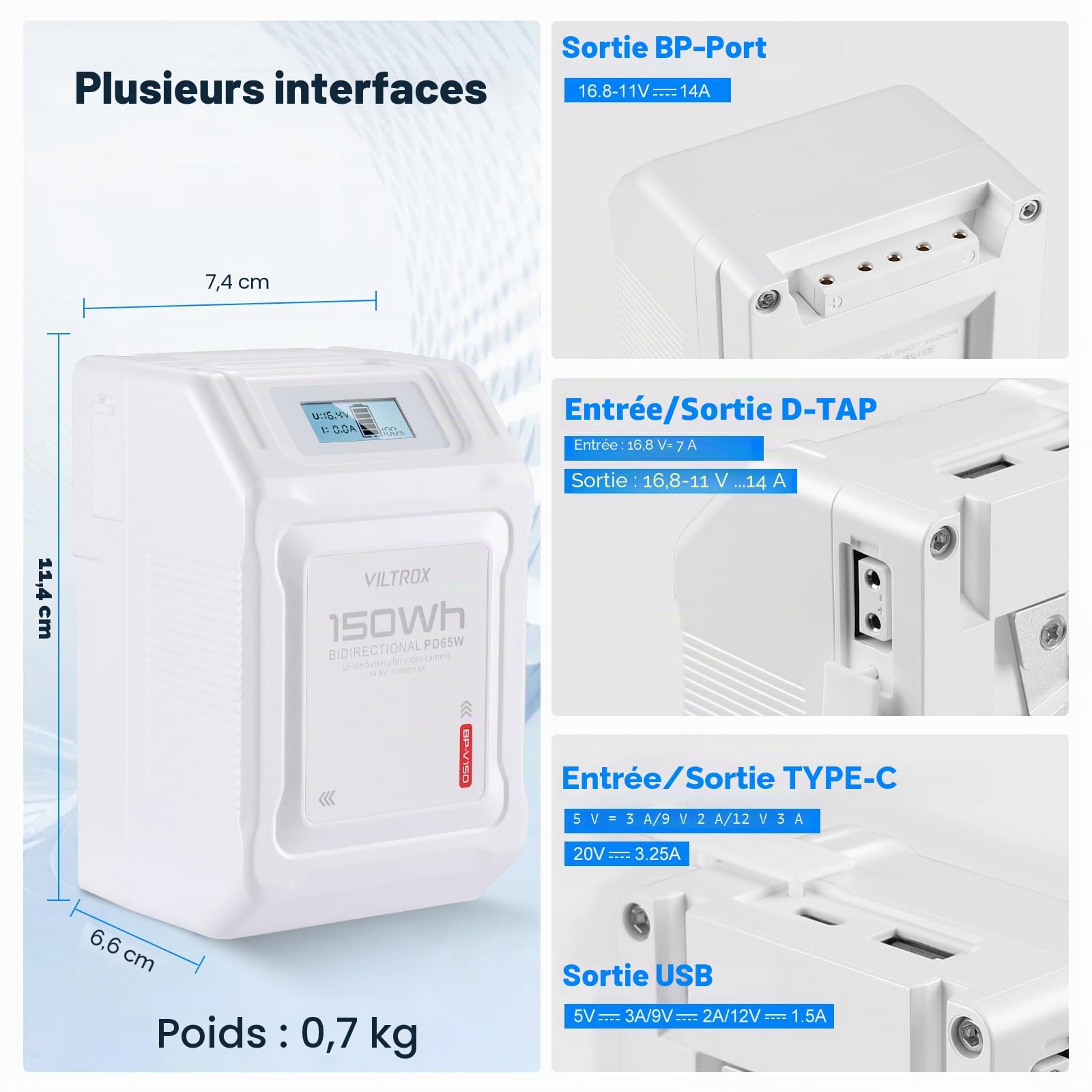 VILTROX BP-V150 V Mount 10050mAh Mini V-Lock Battery avec écran LCD,Dual D-Tap&USB Output,150Wh/14.8V,Blanc Batterie Mini V Lock en Appareils Photo,Caméscopes,Lampes LED,Moniteurs,MacBooks Smartphones