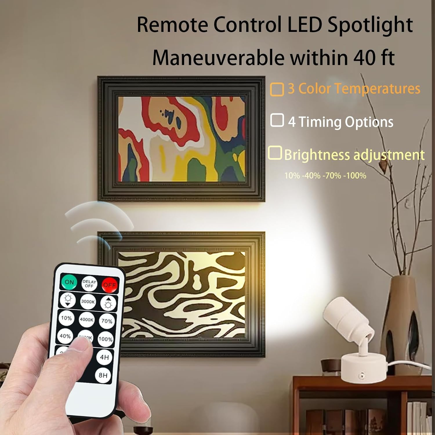 A hand holding the remote control, pointing towards an illuminated wall, demonstrating the remote's range and features.