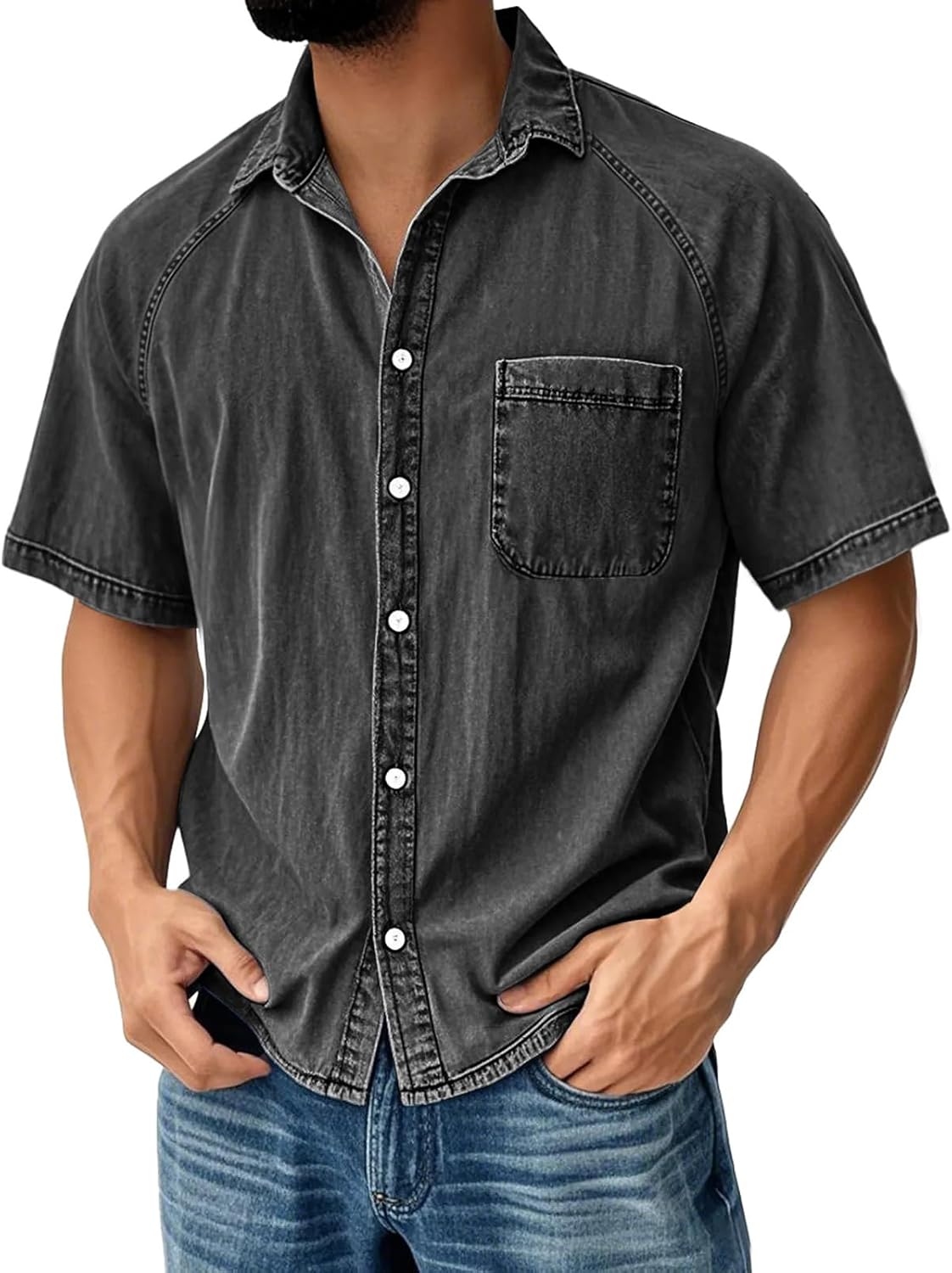 Men’s Short Sleeve Button Down Shirt Casual Relaxed Fit Single Chest Pocket Denim Style Top for Everyday