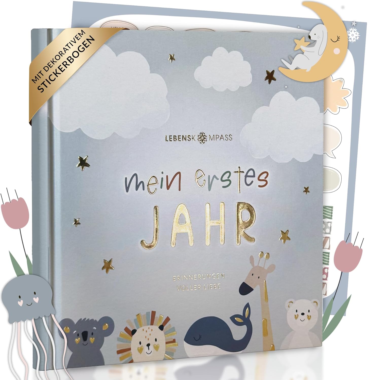 Lebenskompass Babyalbum Mein erstes Jahr "Air" mit über 75 Stickern &amp; Spruchkarte EXTRA - Ein Baby Buch zum Eintragen - Das Babytagebuch &amp; Erinnerungsbuch für Mädchen &amp; Jungen