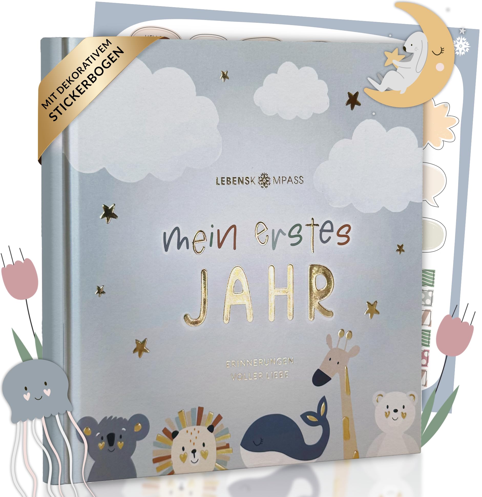 Lebenskompass Babyalbum Mein erstes Jahr "Air" mit über 75 Stickern & Spruchkarte EXTRA - Ein Baby Buch zum Eintragen - Das Babytagebuch & Erinnerungsbuch für Mädchen & Jungen