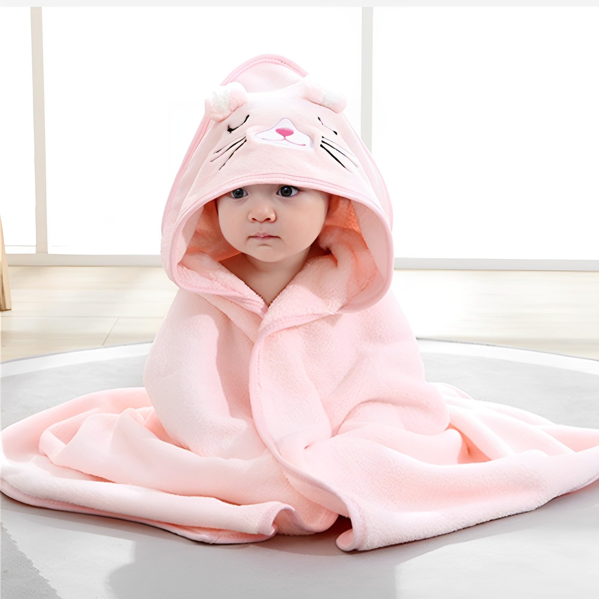 Beauenty Baby Hooded Bath Towel,Wearable Hooded Towel for Boys Girls,Microfiber Ultra Soft Super Absorbent Baby Towels with Cute Design,Baby Newborn Essentials(Pink)
