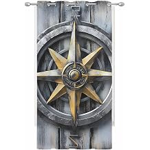Vintage Compass Coastal Sheer Curtains for Bedroom/Living Room, Grommet Kitchen Curtains 96 Inches Long, Summer Beach Ocean Nautical Semi-Sheer Curtain Drapes Voile Window Treatments