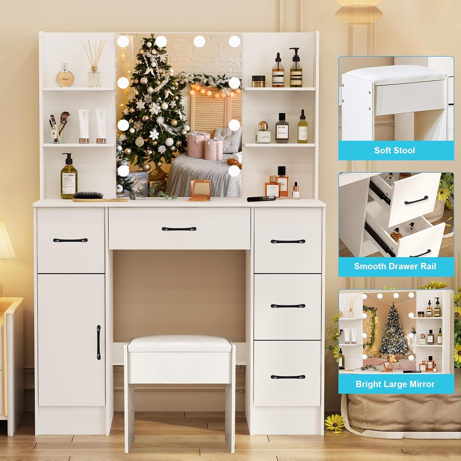 Large White Vanity Desk with Mirror,Makeup Vanity with 1 Stool 5 Drawers 6 Shelves & LED Mirror,3 Modes Light Adjustable,39.5" L*15.8" W*55.2" H.