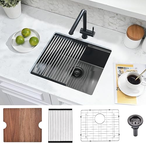 Miniatura 1 de Fregadero de barra negra de 20 pulgadas para montaje inferior, de acero inoxidable negro calibre 16, fregadero de cocina pequeño de 10 pulgadas de