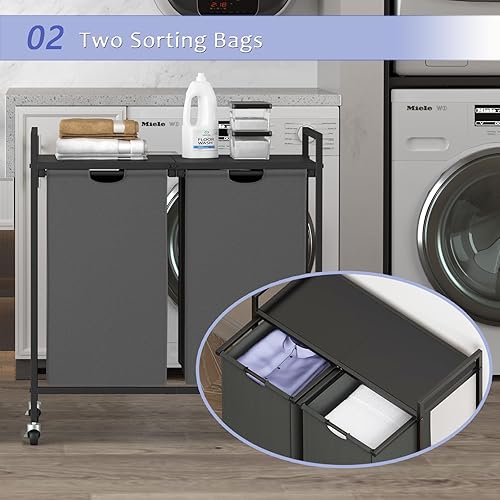 Miniatura 3 de DAELIFKER Cesta doble para ropa sucia, cesta de lavandería con ruedas y estante, clasificador de lavandería de 2 secciones, cesta de ropa sucia para
