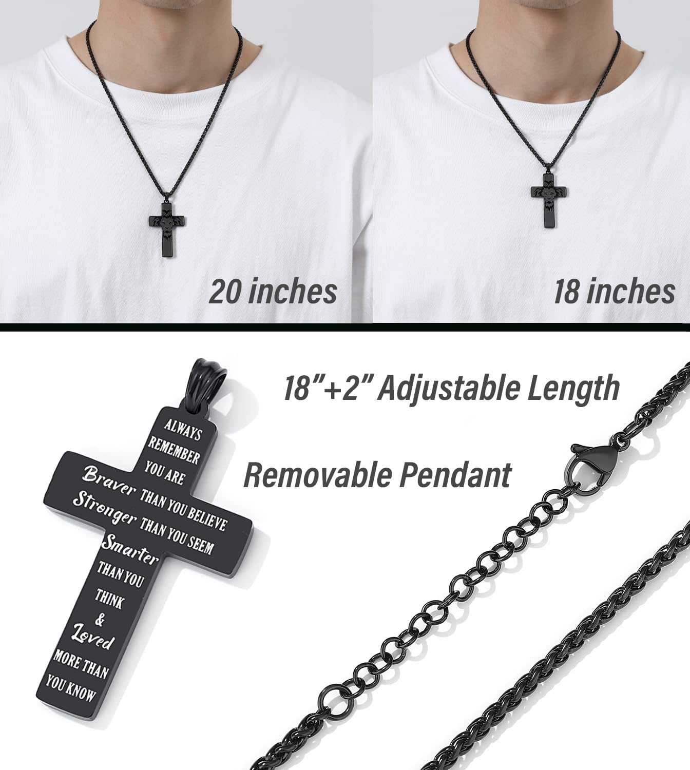 SAM & LORI Strength and Faith Gifts for Him-Masculine Cross Necklace-Bold Lion Head and Cross Design-Inspiring Message Engraved (18-24 inches)