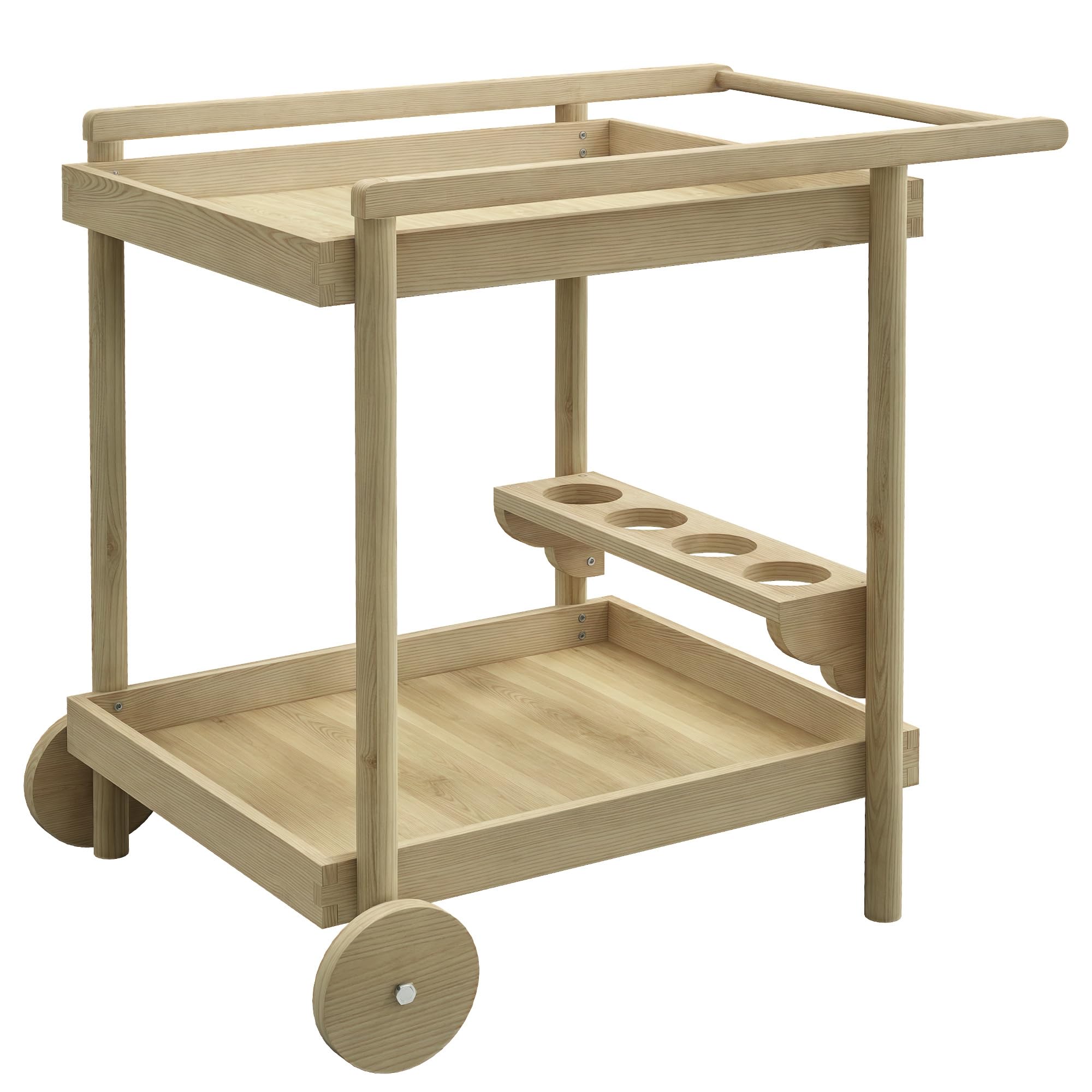 Outsunny Camarera con Ruedas de Madera Carro de Servicio con 2 Estantes 4 Portavasos y Mango para Jardín Terraza Patio 78x58,5x75 cm Natural