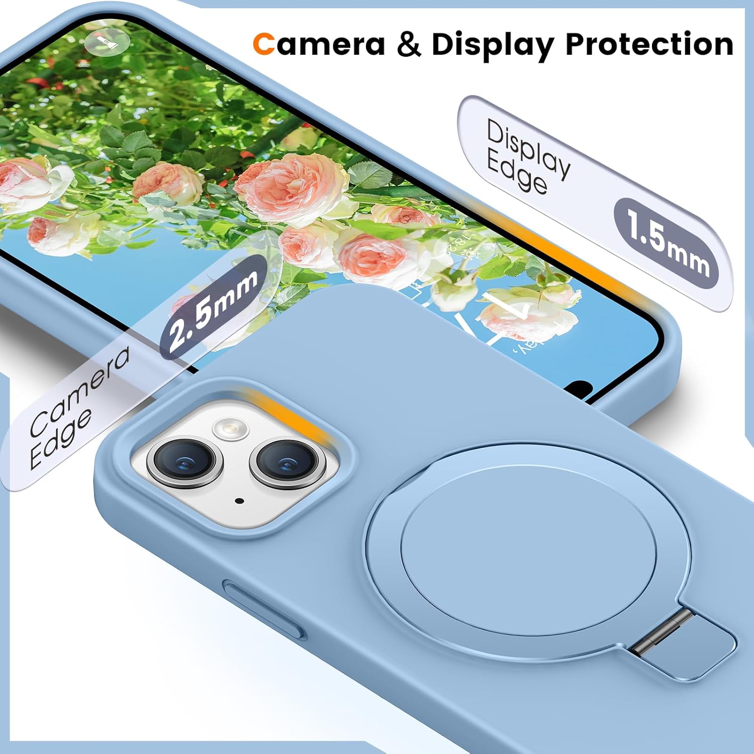 Soft Liquid Silicone Case for iPhone 15 with Magnetic Invisible Stand, Military Grade Shockproof Protection, Anti-Scratch Microfiber Lining Covers for iPhone 15, Light Blue - Image 6