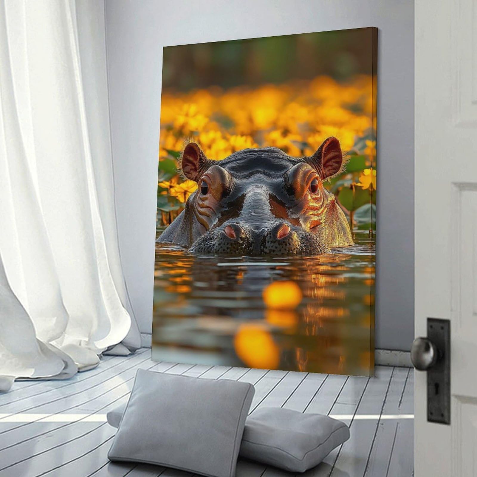 Junmoney Hippo in Water with Yellow Flowers Home Decor Wall Art 24x36inch(60x90cm), for Living Room, Lounge Or Sitting Room, A Home Accent with Warm Character