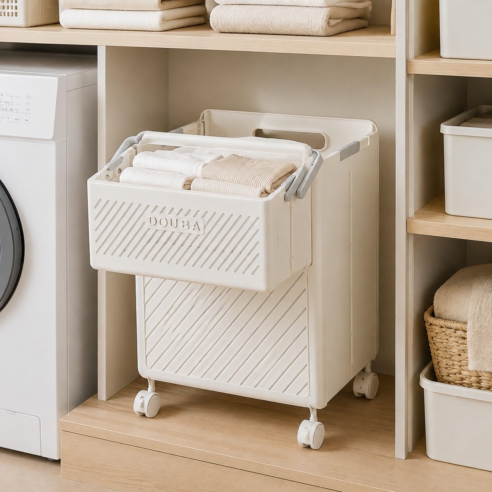 Qianly biancheria con Cestino Frontale Rimovibile Pieghevole biancheria Ventilato in Plastica Multiuso Vasca Práctica per Bagno, Bianco, Set Basket