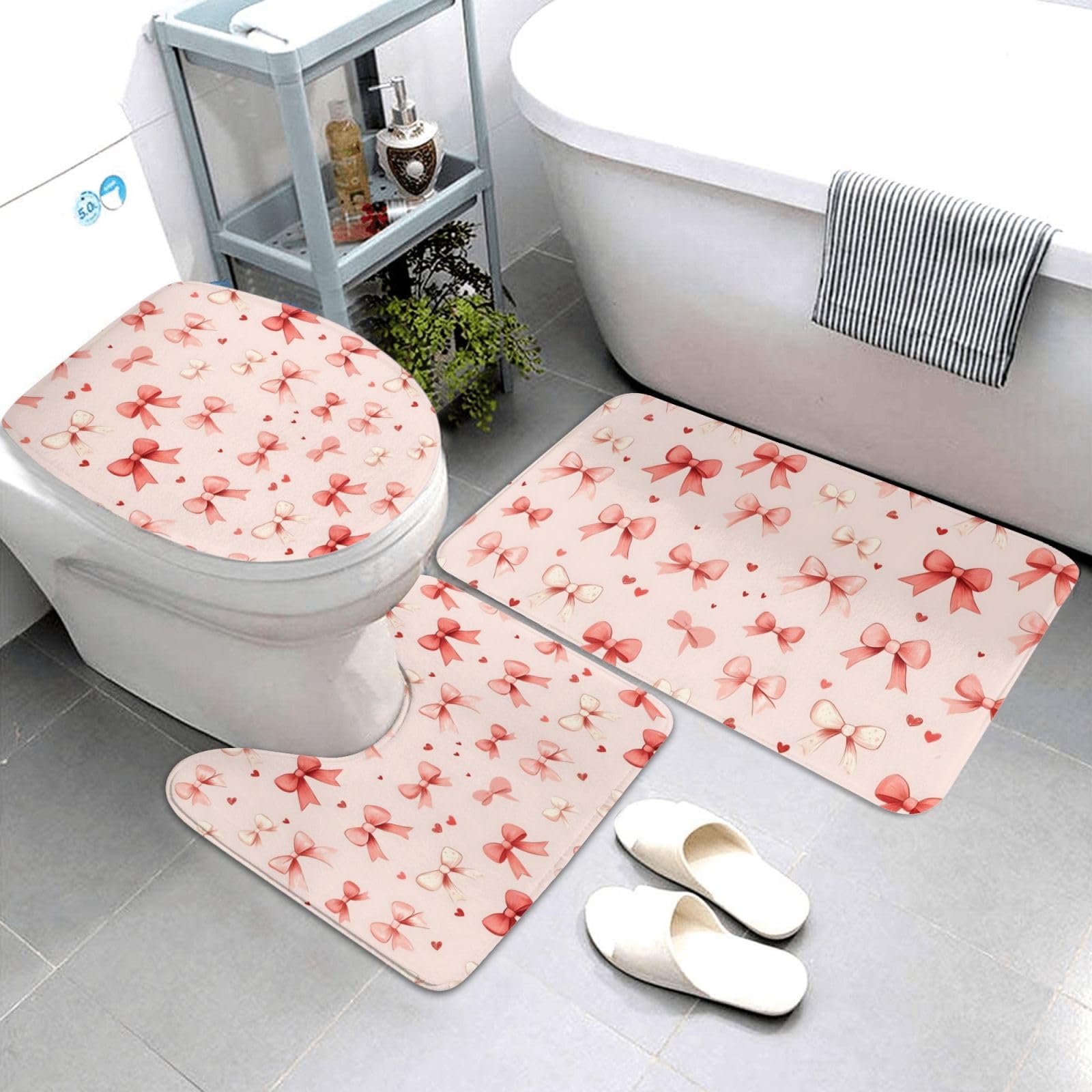 Tapis de salle de bain motif cœur pour sortie de baignoire et contour toilettes rose