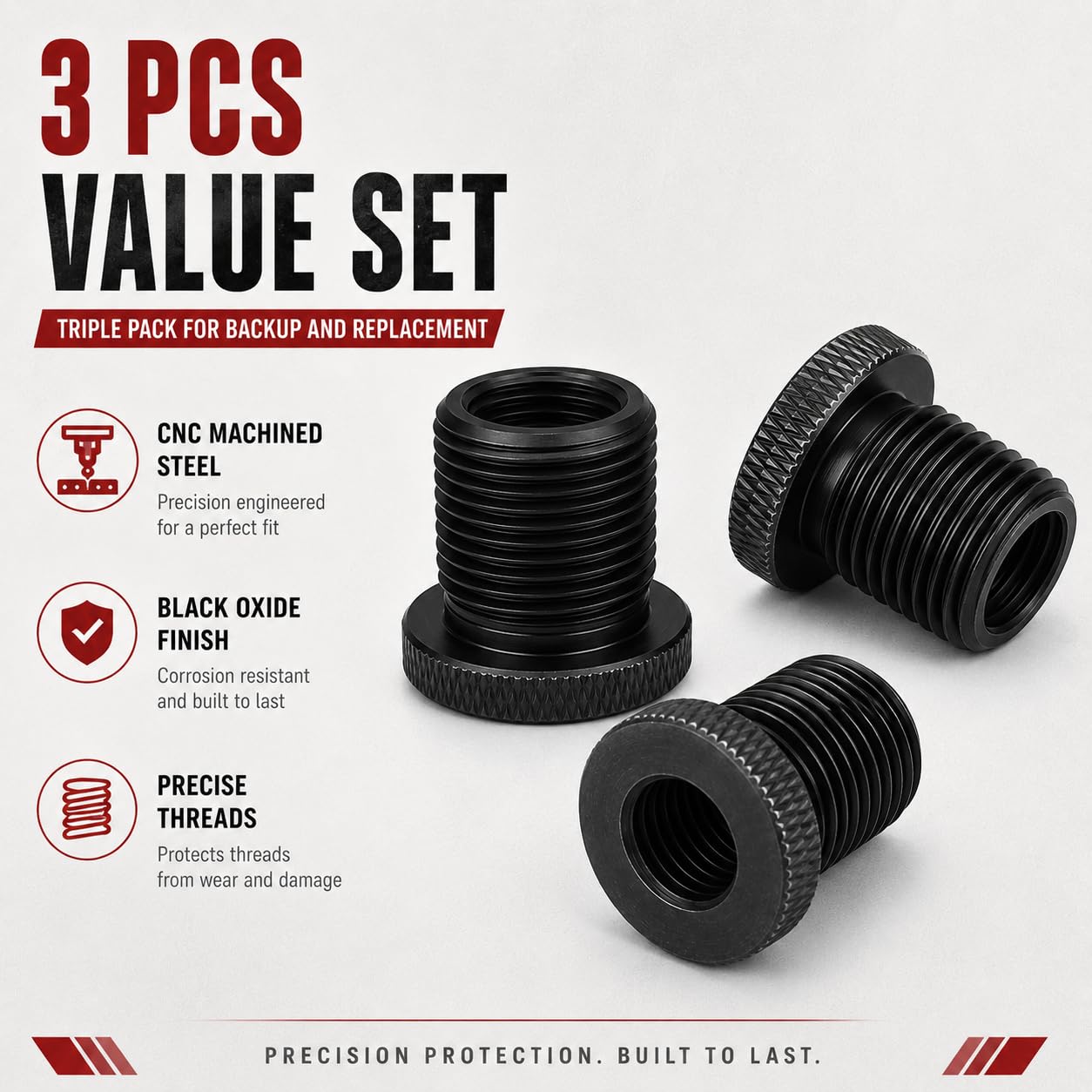 3Pcs Knurled 1/2x28 to 3/4x16 Thread Protector with Washers, Steel