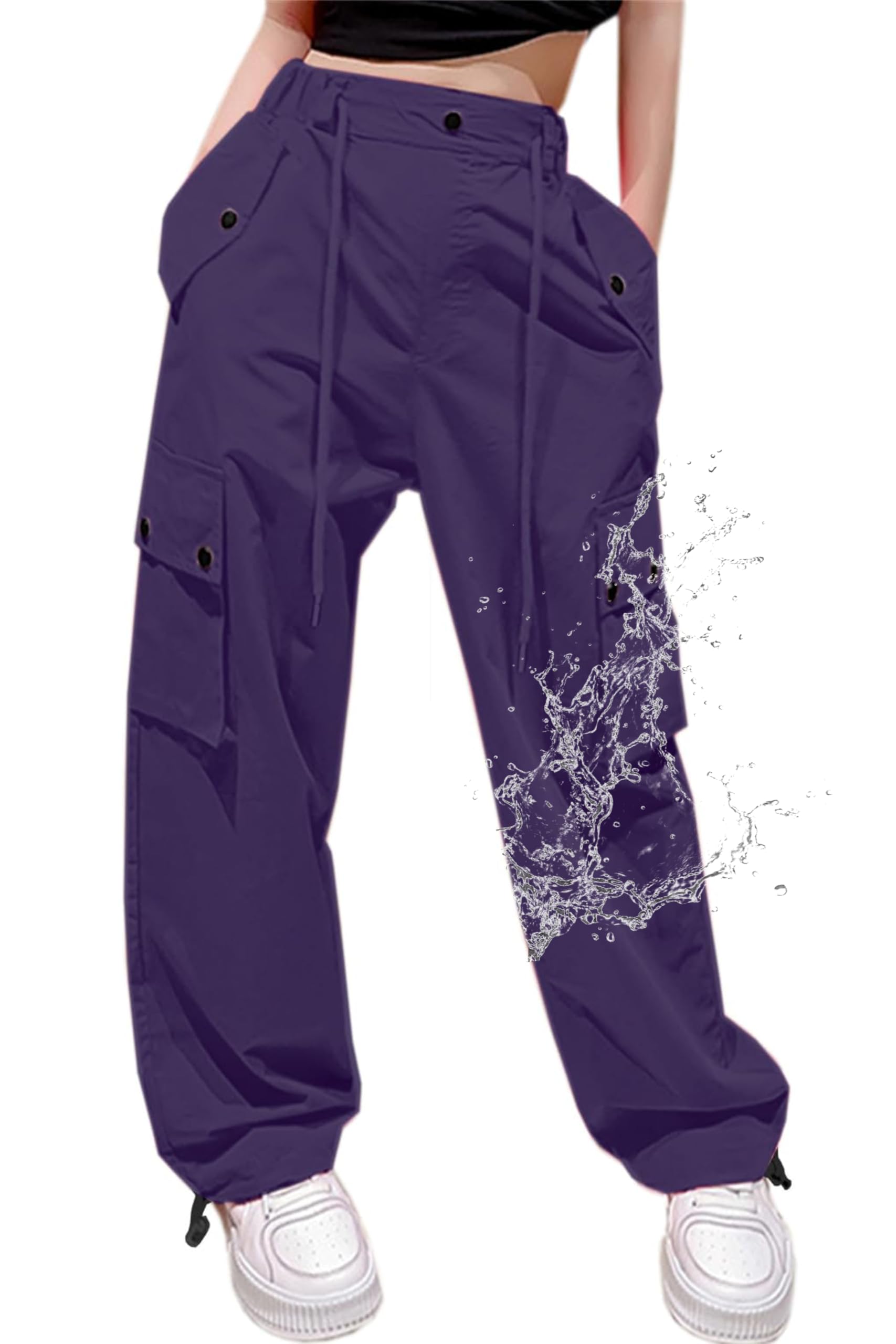 Cromoncent Cargo Pants Girls Women Parachute Pants Y2K Baggy Rave Clothes Waterproof with Pockets 6 Years - 3XL