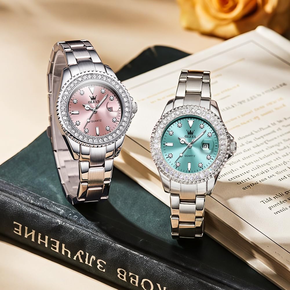 OLEVS Watches for Women Diamond with Date Luxury Leather Female Waterproof Women Wrist Watch Analog Dress Stainless Steel Ladies Watch Luminous Calendar Women Watch Green/Blue/Purple Dial - Image 3
