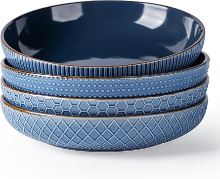 GBhome 8.5 Large Pasta Bowls, 36 Ounce Stoneware Salad Bowls for Kitchen, Ceramic Serving Bowls With Textured Pattern for Pasta,Fruit, Stews,Noodle, House-warming Gift, Set of 4-Moonlight Blue