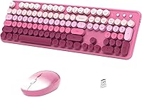 Vista 16 de Teclado y mouse inalámbricos, teclado retro de tamaño completo con teclas redondas, 2.4 GHz para Windows, Mac, laptop, PC, escritorio (café colorido)