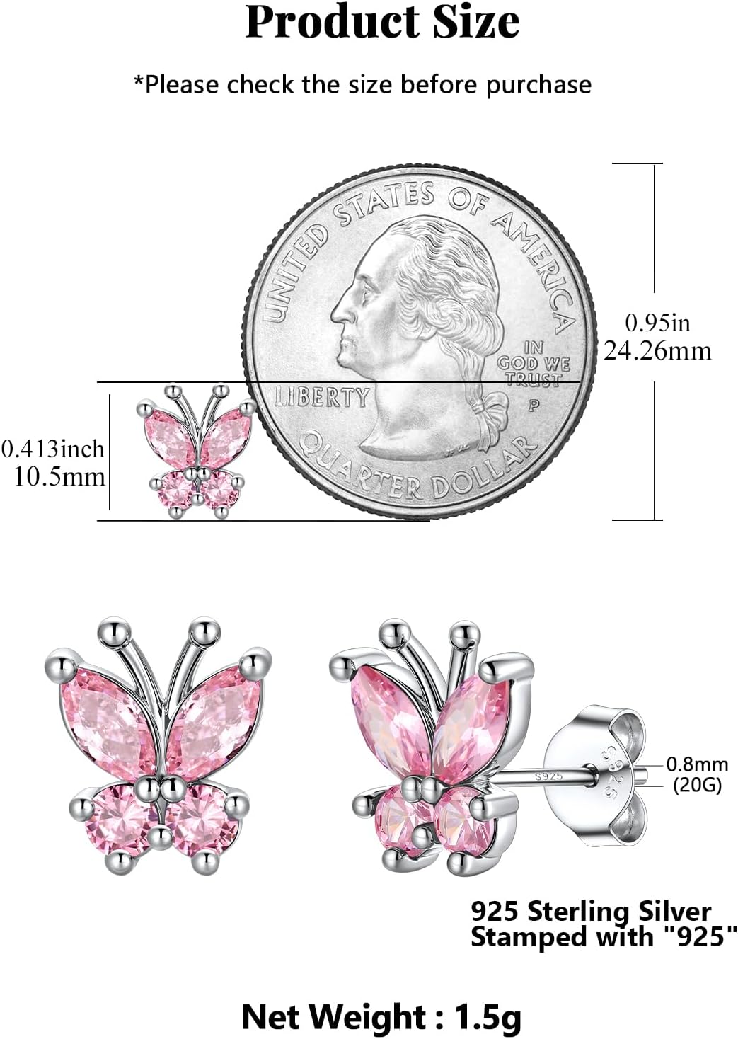 Silvora Birthstone Earrings for Women, 925 Sterling Silver Butterfly Stud, Small Butterfly Earrings Birthstone Jewelry - Image 4