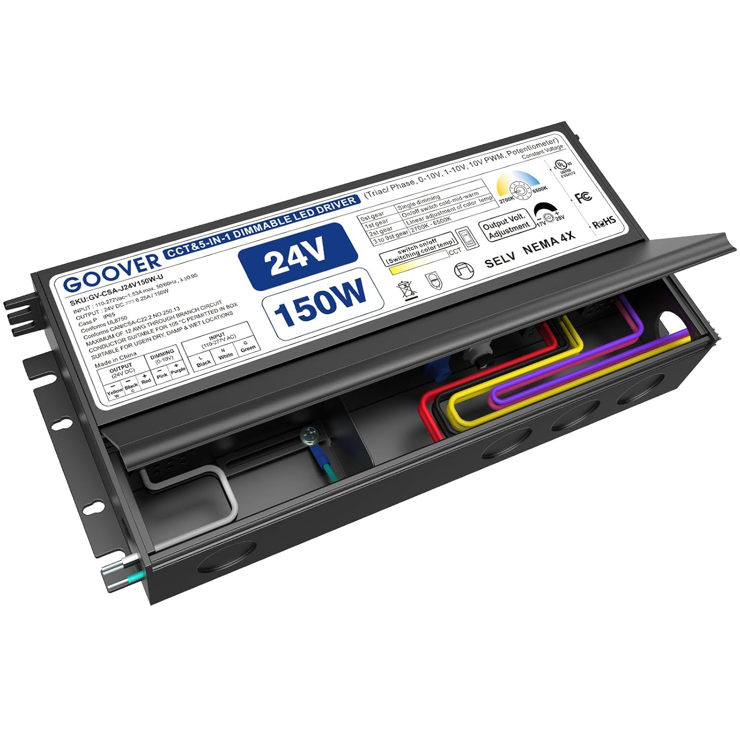 GOOVER Dimmable LED Driver,24V 150W UL Listed Power Supply,CCT & 5-in-1 Dimming: ELV/MLV/TRIAC /0-10V/1-10V/10V PWM/Potentiometer,Compatible with Lutron and Leviton Dimmer for LED Lights