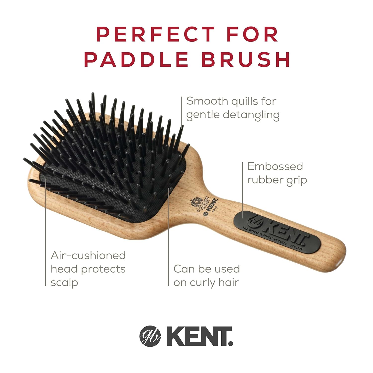Kent PF19 Beechwood Cushion Paddle Brush - Scalp Massager and Detangler - The Hair Brush for Thick Hairs - Scalp Massager Growth Stimulator, Detangler Brushs for Curly Hair - Image 4