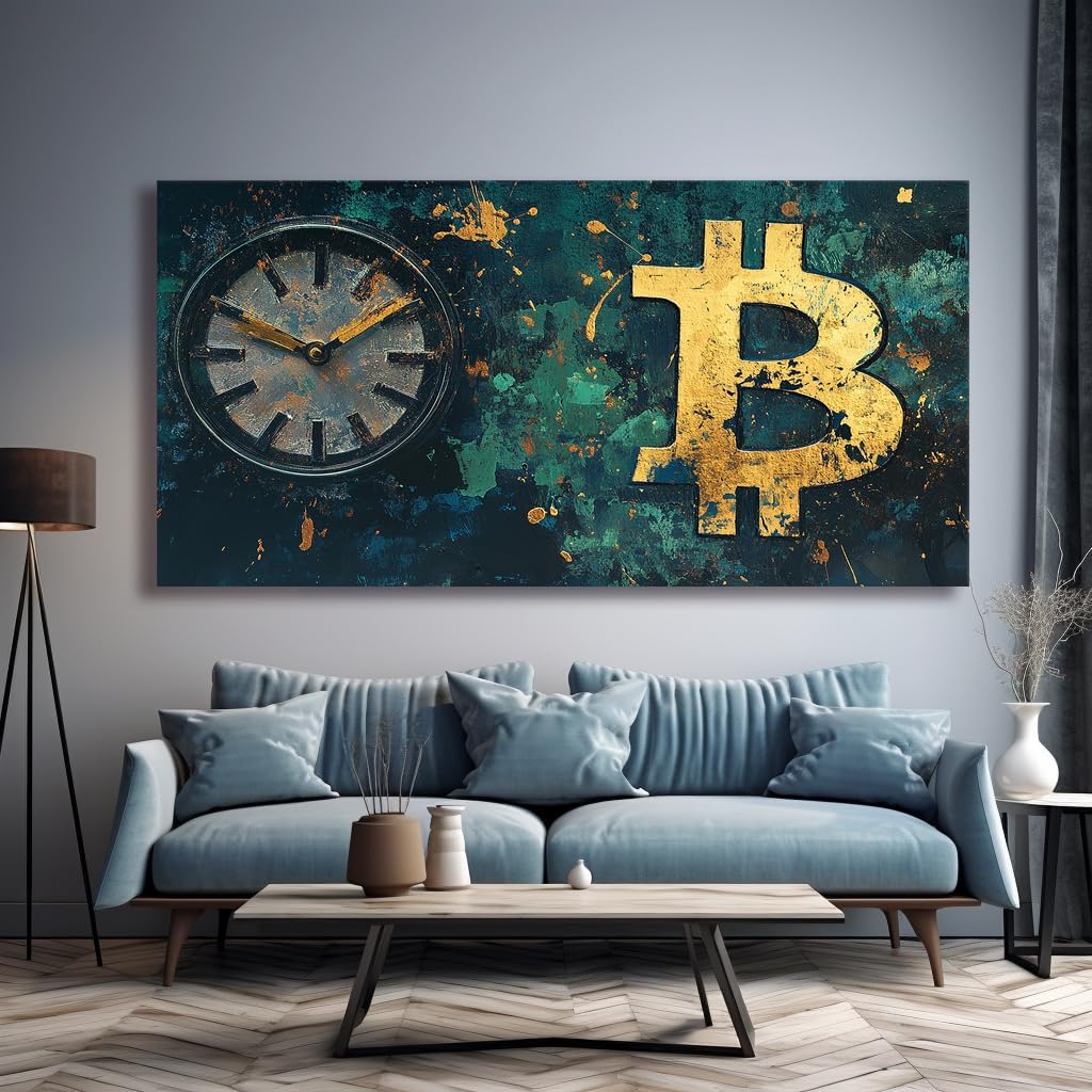 Gold Retro Bitcoin Clock Wall Art Modern Canvas Painting Prints Artwork Office Hallway Bedroom Living Room Decor