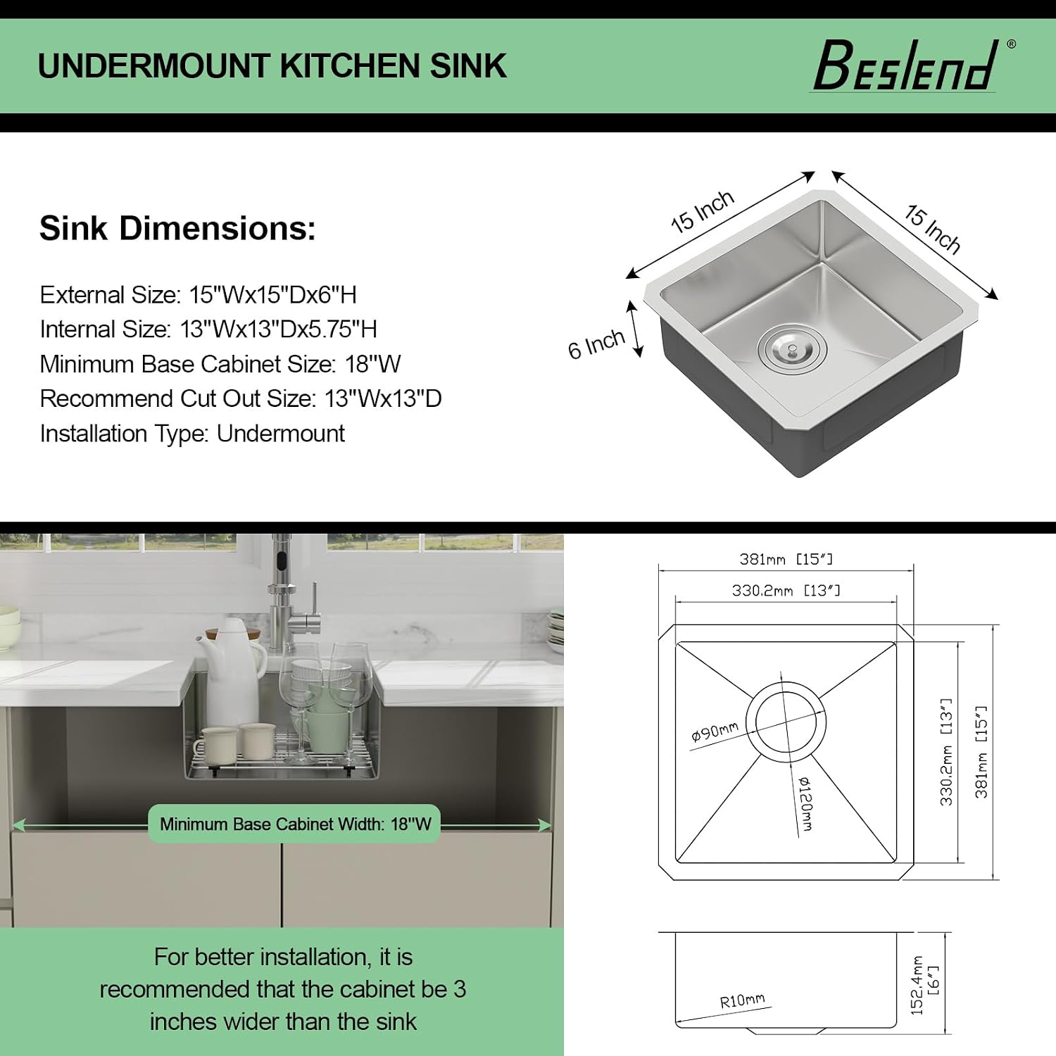 15 Inch Undermount Kitchen Sink - Beslend ADA 6 Inch Depth 15x15 Undermount Sinks Stainless Steel 16 Gauge Mobility Friendly Sink for Wheelchair Accessible & Accessible Design Kitchen