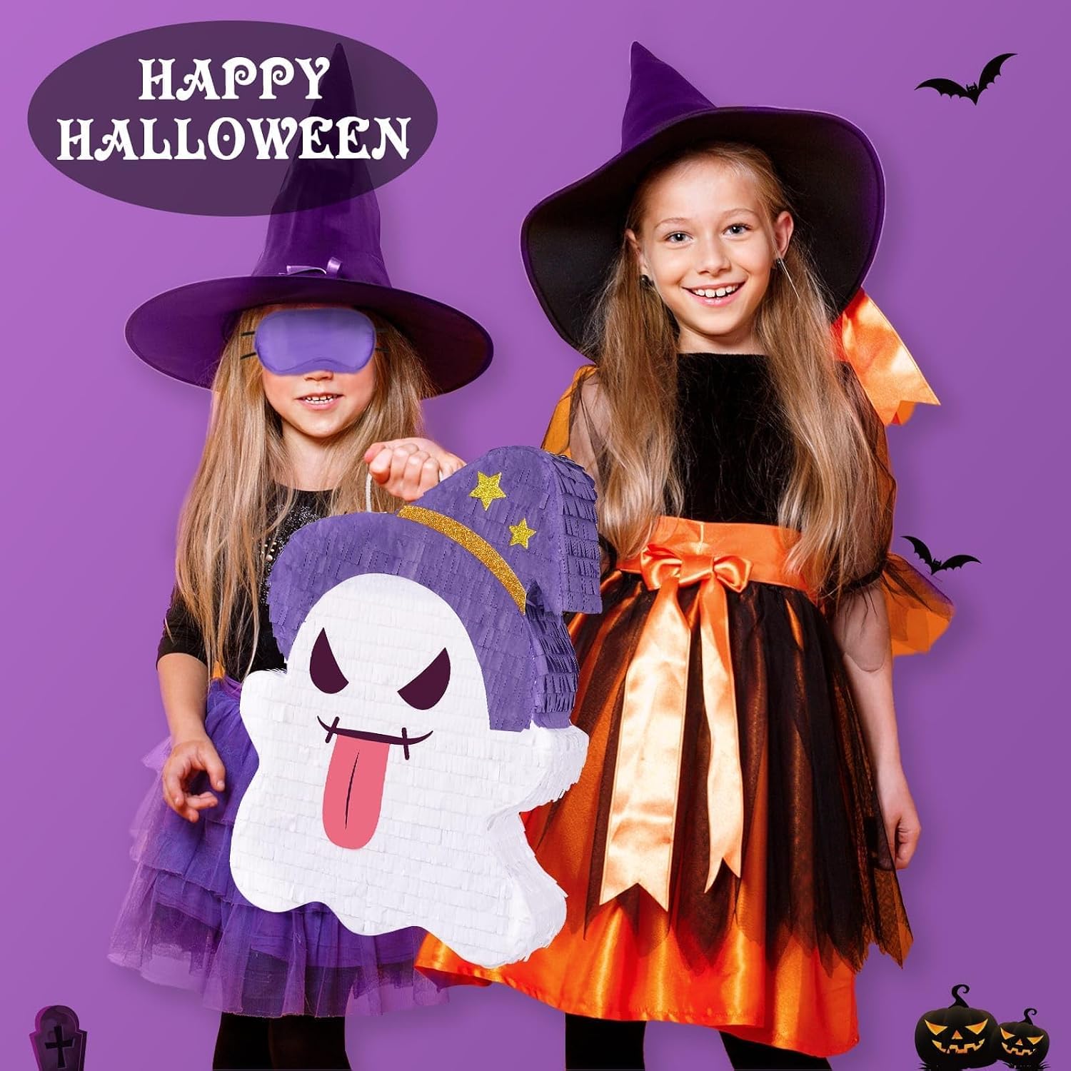 WERNNSAI Halloween Ghost Piñata - Halloween Ghost Party Games Decorations for Kids Baby Hallo-ween Costumes Party Supply Haunted House Ghost Decorations with Bat Blindfold