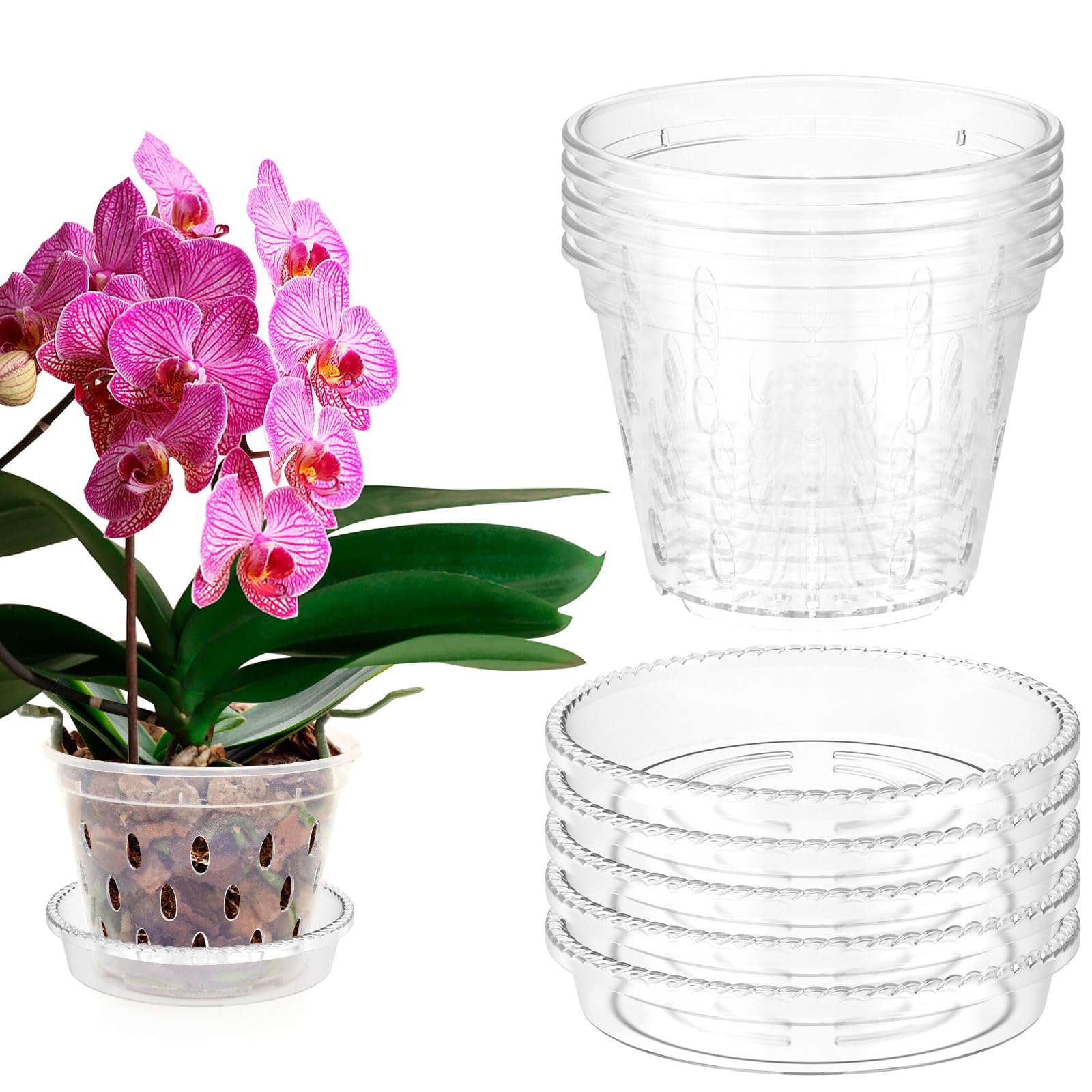 HAIJED 5Pcs Clear Orchid Pot with Drainage Holes, Plastic Slotted Orchid Pots with Saucers, Breathable Flower Plant Pot Nursery Pots for Orchids Repotting Kit (4 inch)