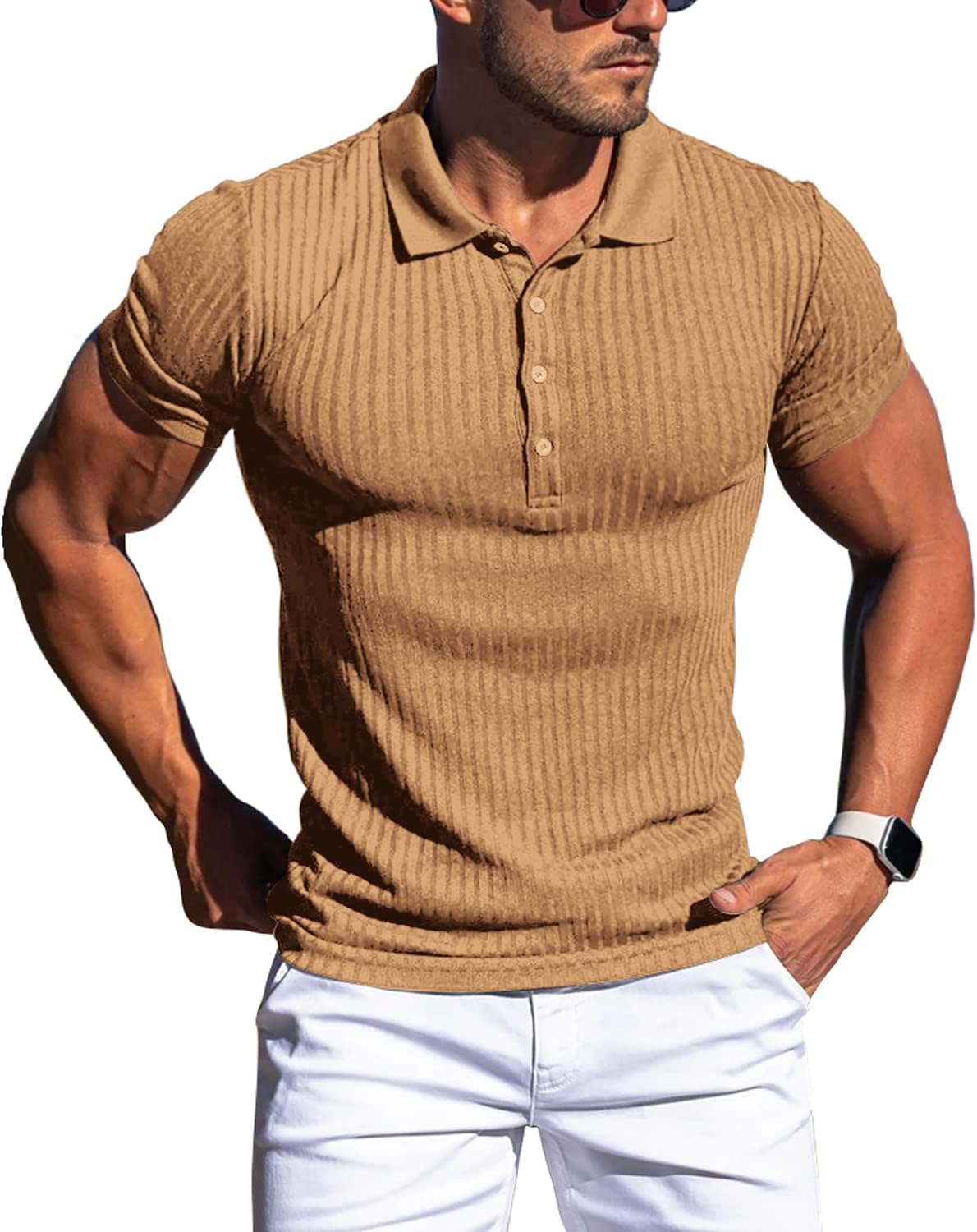 Collared Muscle Polo Shirts Men Slim Fit Textured Knit Polo Shirts Short Sleeve Button Down Shirts Casual Stylish