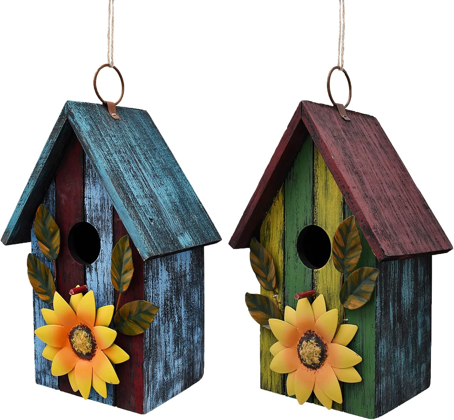 Wooden Decorative Birdhouse Hand Painted Hanging Bird House with Sunflower - Garden Farmhouse Decor Outdoor Bird Nest for Sparrow Finch Hummingbird and Bluebirds (Green + Blue)