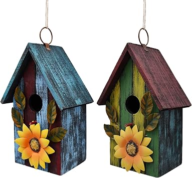 Wooden Decorative Birdhouse Hand Painted Hanging Bird House with Sunflower - Garden Farmhouse Decor Outdoor Bird Nest for Sparrow Finch Hummingbird and Bluebirds Green + Blue