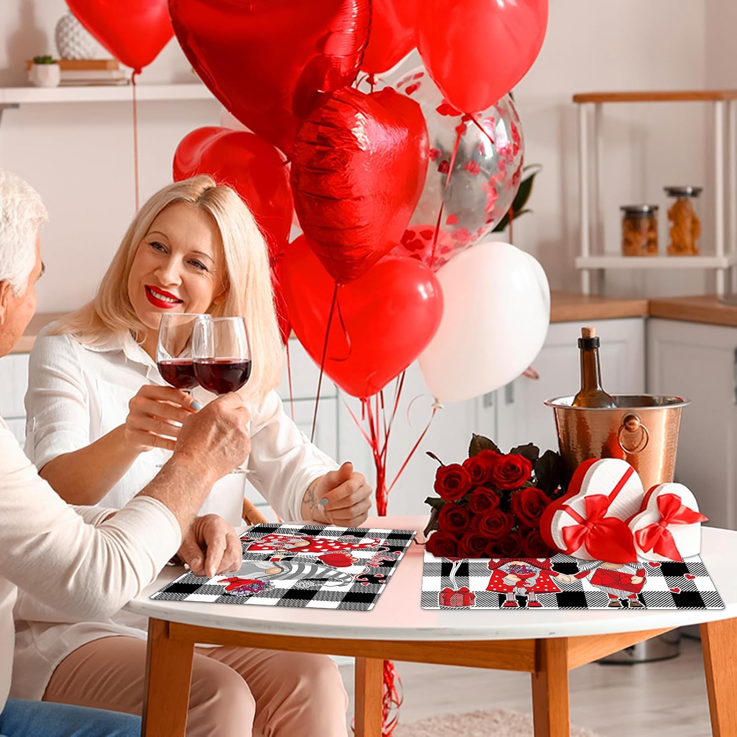 Valentine's Day Placemats Set of 6 Gnomes Plastic Table Mats Buffalo Plaid Place Mats Washable Vinyl Love Hearts Table Decoration for Anniversary Wedding Party Kitchen Dining Table