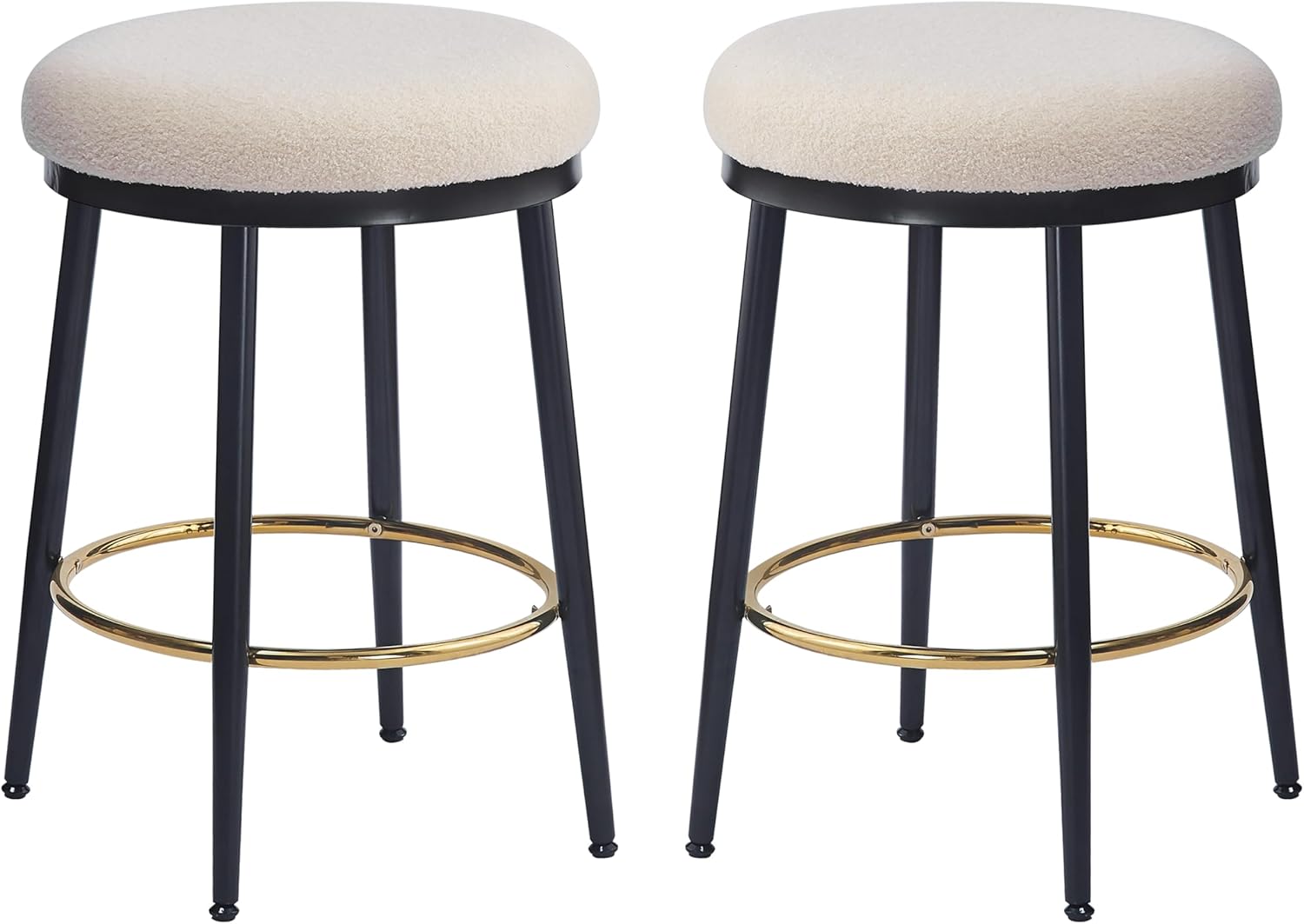 Christopher Knight Home Set of 2 24.75'' Modern Iron Frame Counter Stools with Fabric Upholstered Round Seating Cushion and Golden Footrest, Barstools for Kitchen/Bedroom/Dining Room, White and Black