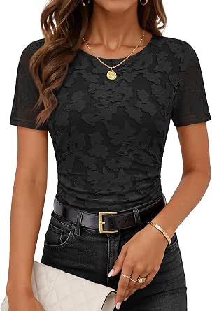 MEROKEETY Women's Floral Jacquard Mesh Short Sleeve Blouse