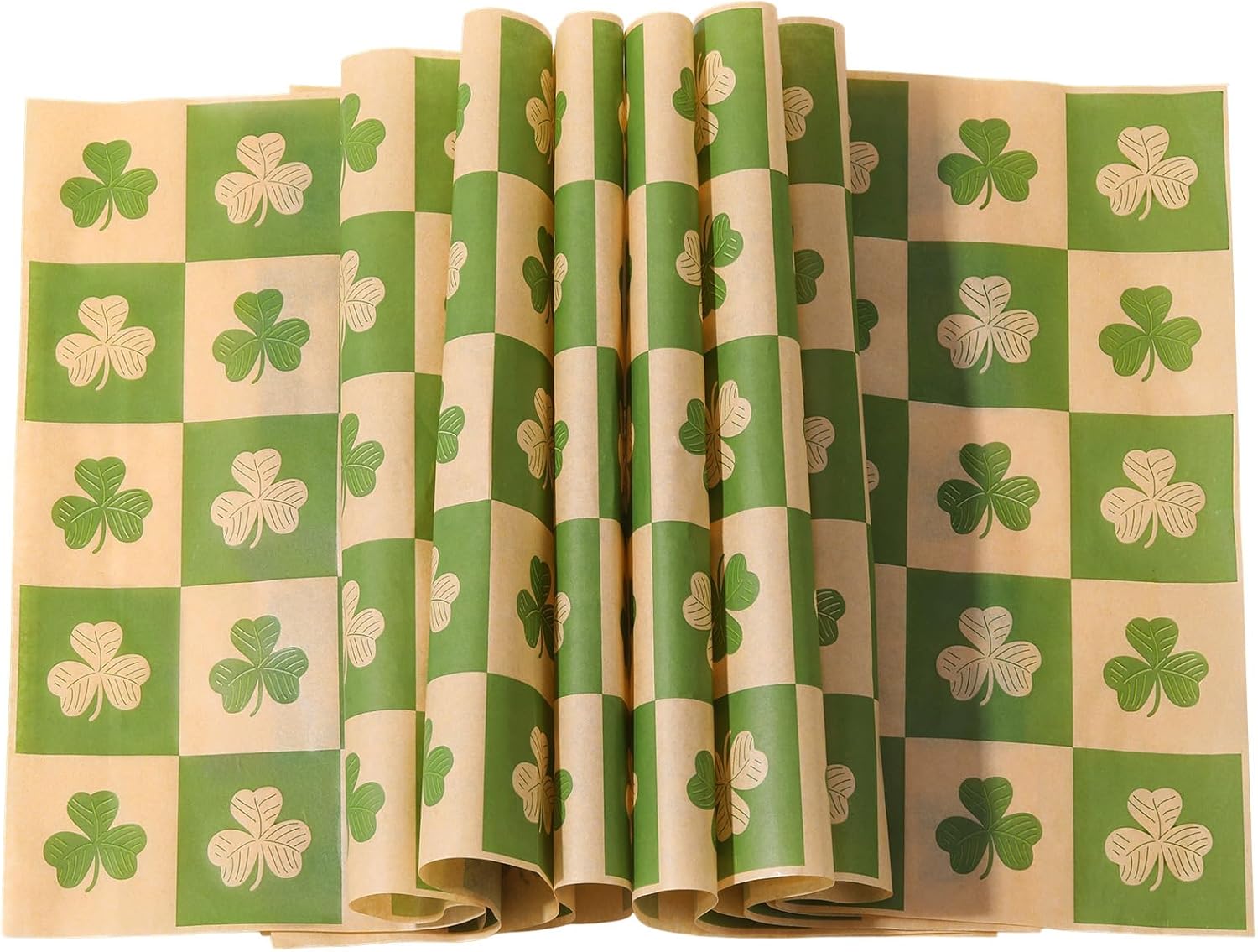 Honeydak 150 Pcs St. Patrick's Day Wax Paper Sheets Shamrock Clover Deli Tissue Paper Green Sandwich Wrapping Sheets Grease Resistant Fast Food Liners for BBQ Kitchen Party Supplies(Artsy Style)