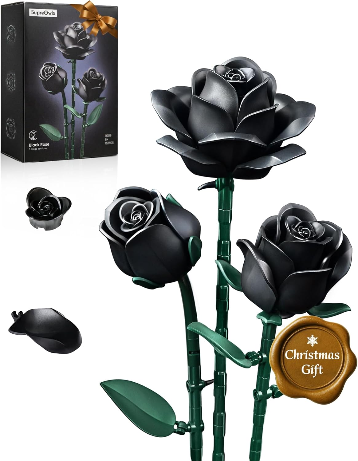 iATOM Juego de construcción de flores de rosas negras, paquete de 3, regalo de relleno de calcetín de Navidad, flores artificiales retro góticas de