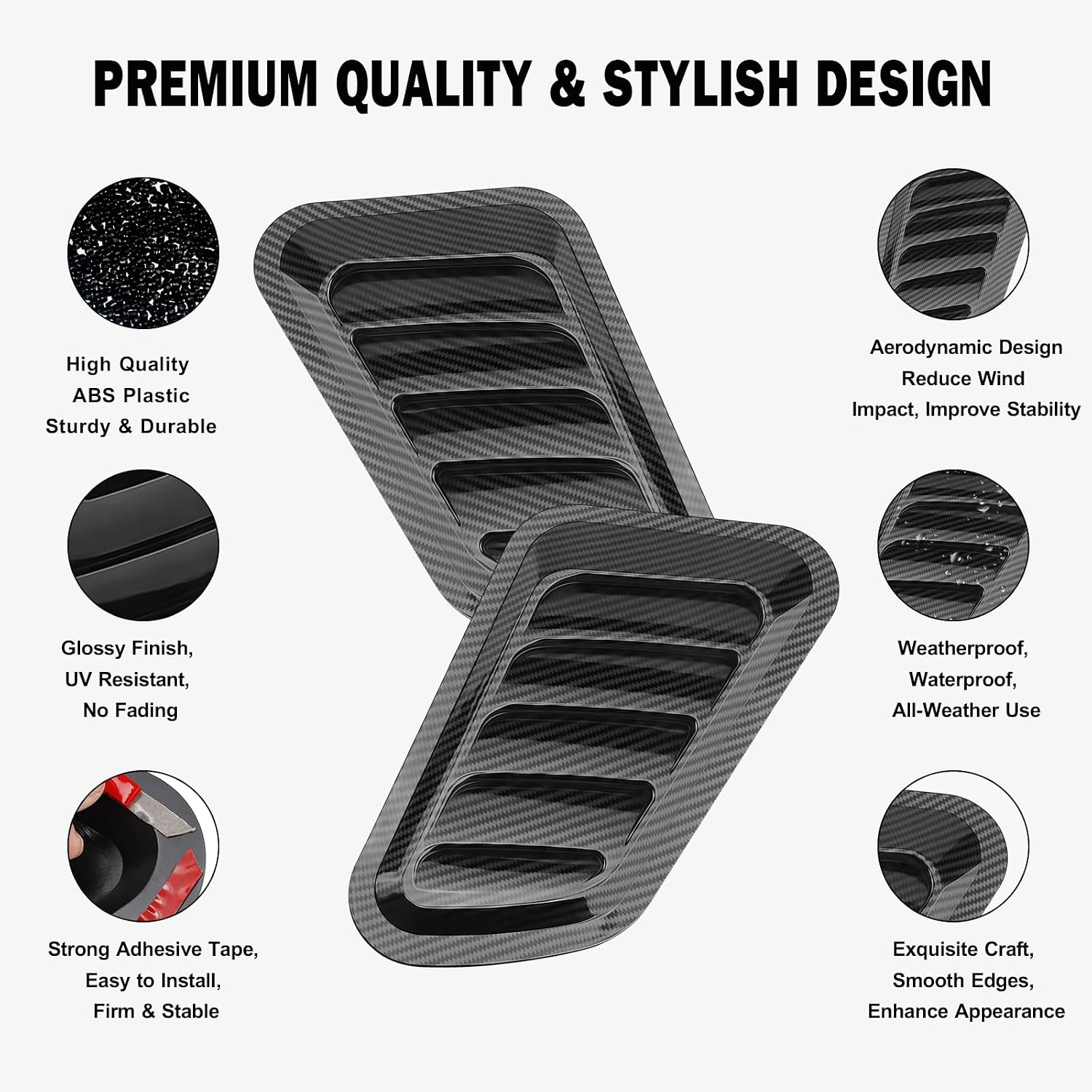 2PCS Universal Hood Air Vents, Car Hood Scoop Bonnet Vent, Hood Air Intake Trim Cover, Functional Exterior Accessory (Carbon Fiber)