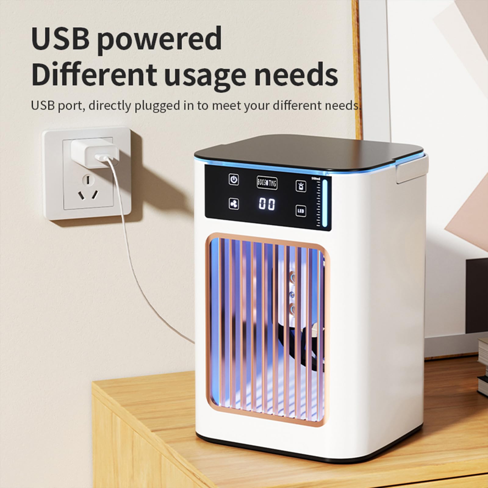 Składana chłodziarka powietrza z wentylatorem, wyparna, ze zbiornikiem na wodę 900 ml, 3 prędkości, osobisty wentylator klimatyzatora USB, biurkowy wentylator chłodzący z lampką nocną, do domu, biura