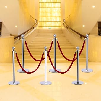 6Pcs Stainless Steel Stanchion Post, 5FT Red Carpet Rope and Poles, Sliver Stanchion Set with Hollow Base, Crowd Control Safety Barriers for Party, Theater, Museum