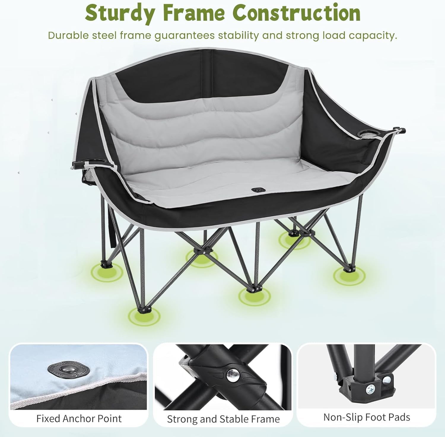 MAPPLE CREATION Double Camping Chair for Adults, 2 Person Folding Loveseat Outdoor Chair with Cup Holders & Carry Bag, Heavy Duty Portable Camping Sofa for Beach, Picnic, Garden & Travel (JK-B11) 3