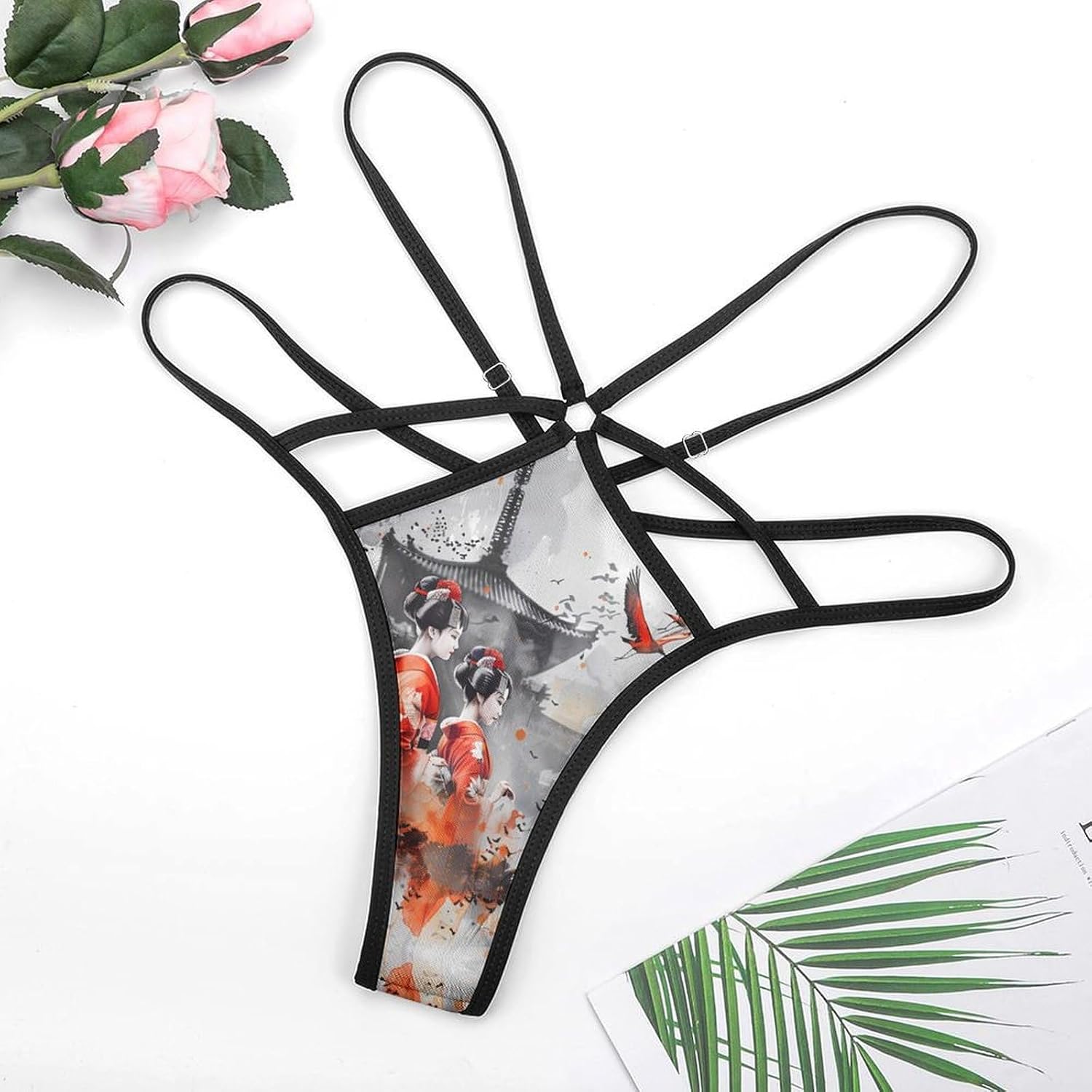Geisha Japanese Crane Birds Funny Women's T-back Thong Panties G-String Printed No Show Underwear